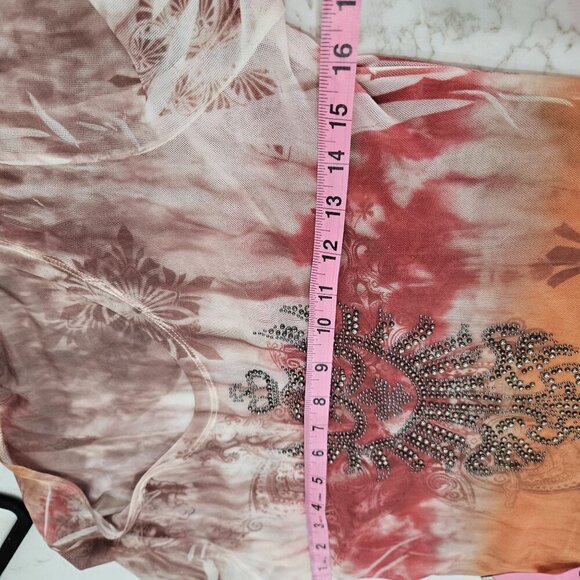 David Cline Mesh Sheer Tie-Dye Rhinestone Embellished Long Sleeve Top P Large - Picture 7 of 9